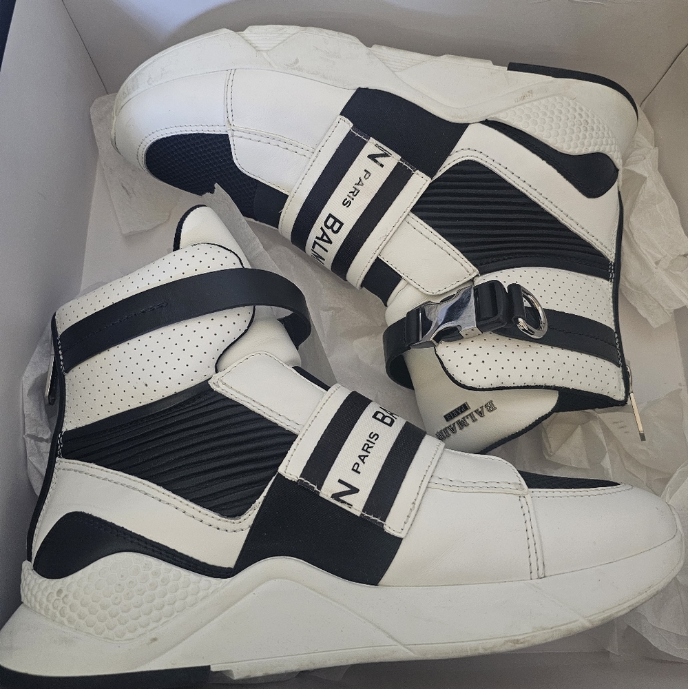 Balmain White and Black High-Top Sneakers